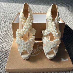 Christian Louboutin Cream Beaded Peep-Toe Heels